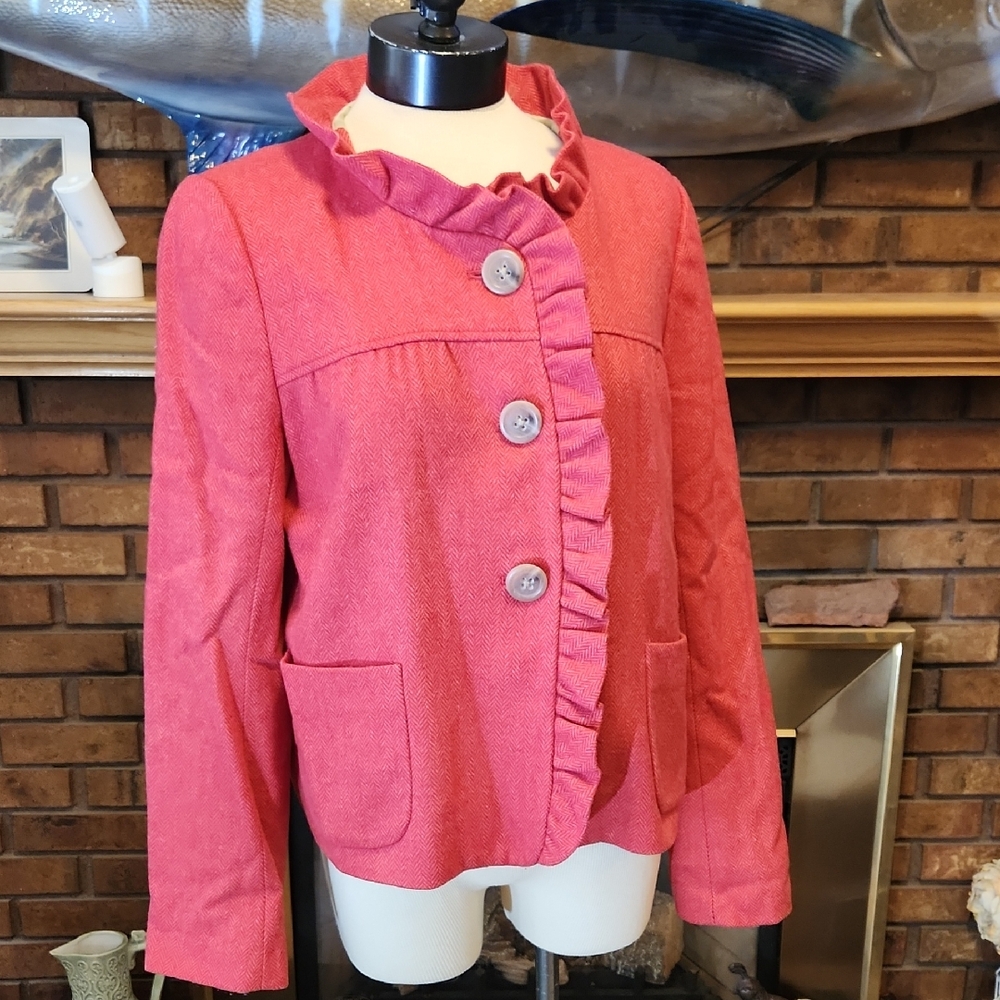 J. Crew Ruffled Coral Herringbone Wool Blazer Cropped See Measurements Coquette